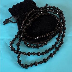 Vintage extra long black necklace faceted in crystal rondelle beads new